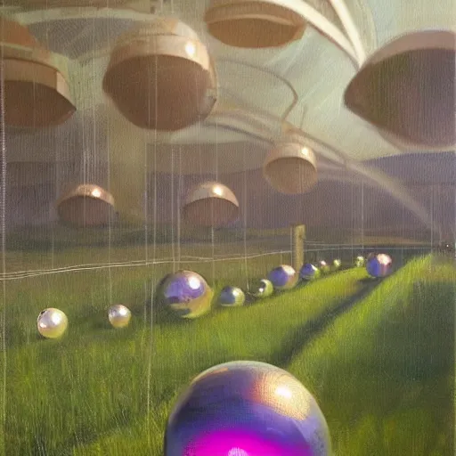 Image similar to a beautiful painting by thomas brom trending on artstation A farm of disco balls, by beeple and james gurney trending on artstation A supersonic irrigation device invented in the woodmarked plain