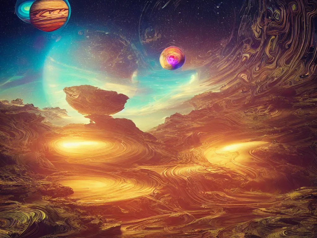 Image similar to dream of an intricate jupiter landscape with dichroic transparent colorful sphere levitating ior painting photography ultra realism full landscape polaroid photography syd mead style + insane detail + denoise + 8 k hyper realistic + octane render