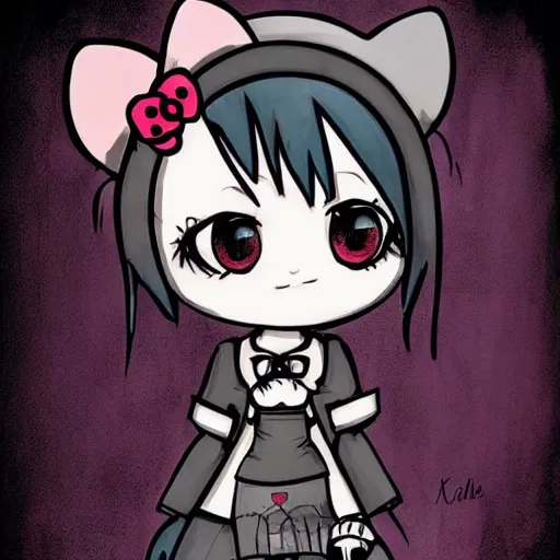 Prompt: punk little girl, profile picture, grunge fashion, reflection, cute artwork, inspired by made in abyss, hello kitty art style gothic style