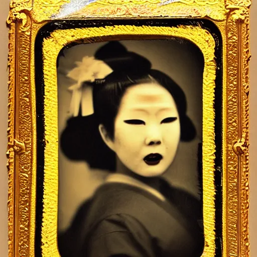 Prompt: terrifying evil dark angry geisha!!! daguerreotype portrait photograph. inspired by gerard grom and ansel adams. beautiful. highly detailed. old timey.