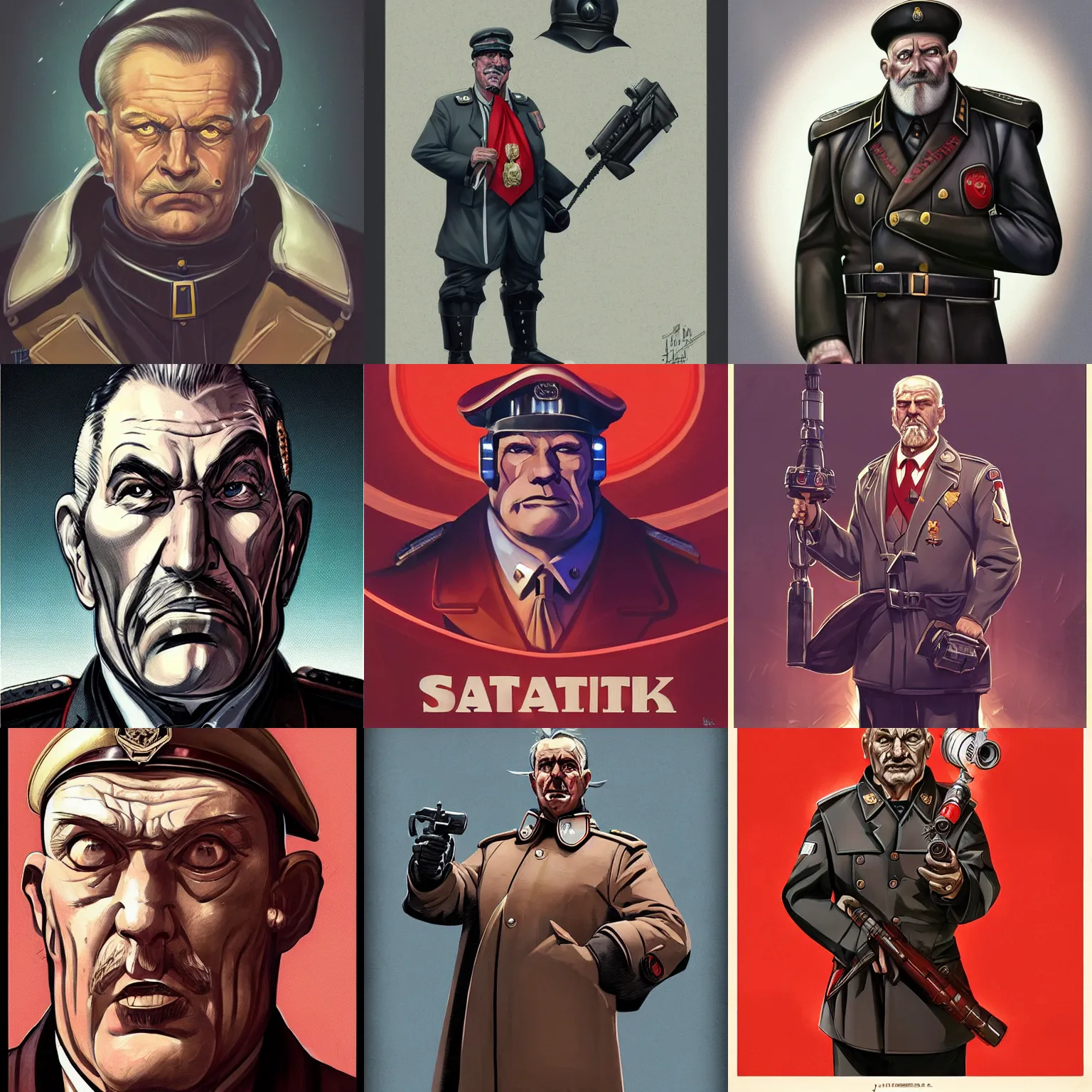 Prompt: a portrait of a stern heavy set older man with a round face and a salt and pepper goatee, elegantly dressed in an officers uniform, in the style of a soviet era propaganda poster, cyberpunk dark fantasy art, official fanart behance hd artstation by jesper ejsing