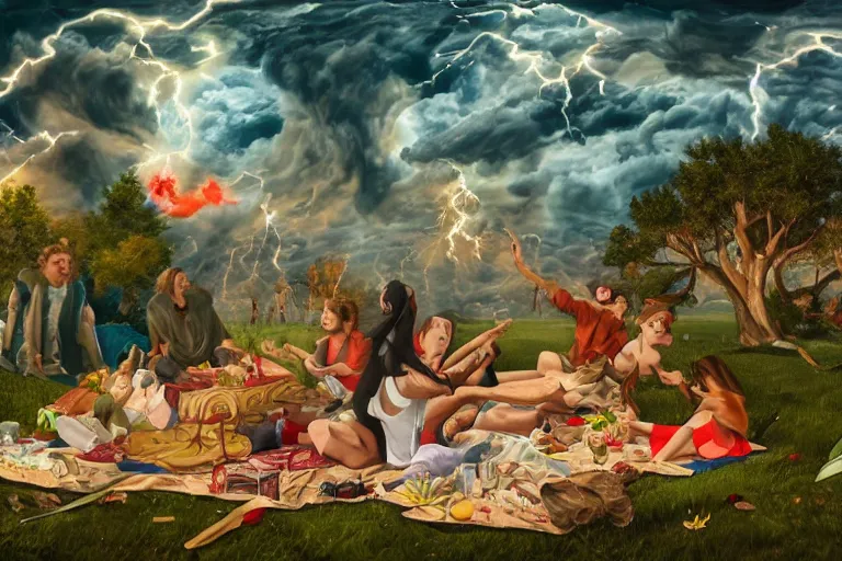 Image similar to a detailed illustration of a god ruining a picnic in the park, nightmare in the park, calamity, dark storms with lightning, ultrawide lens, aerial photography, natural disaster, 8 k, art by the unemployed philosophers guild