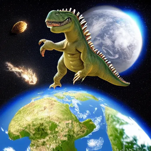 Image similar to dinosaurs falling from a flat disk shaped earth because of a meteor