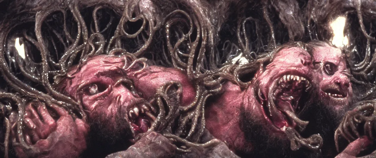 Image similar to filmic extreme wide shot movie still 4k UHD interior 35mm film color photograph of a bearded man with living teeth and tentacles grabbing another man who is screaming OH MY GOD in the style of the horror film The Thing 1982