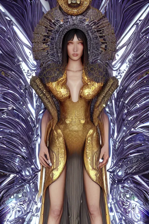 Image similar to a highly detailed metahuman 4 k render of an alien cyberpunk goddess bella hadid in iris van herpen dress schiaparelli in diamonds swarovski and jewelry in style of alphonse mucha gustav klimt trending on artstation made in unreal engine 4