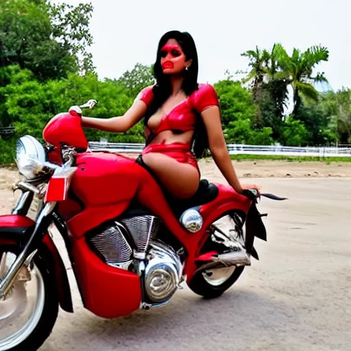 Prompt: A beautiful indian woman wearing red latex dress riding a motorcycle