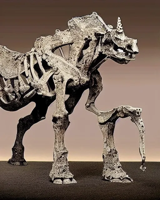 Prompt: in 1 6 6 3, the partial fossilised skeleton of a woolly rhinoceros was discovered in germany. this is the magdeburg unicorn, one of the worst fossil reconstructions in human history.