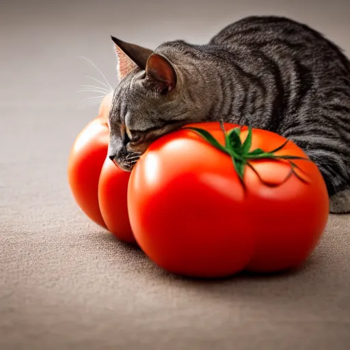 Image similar to photo of giant [ tomato ] next to a cat taken with canon eos - 1 d x mark iii, bokeh, sunlight, studio 4 k