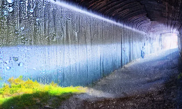 Image similar to beautiful photograph of a vertical tunnel made of raindrops in the blue sky, between a dried up river and the sun, highly-detailed, fantastic, dramatic lighting, artstation, 4k