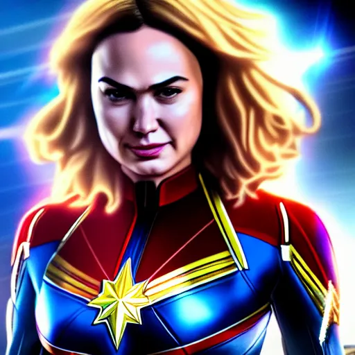 Prompt: a potrait of gal gadot as Captain Marvel by Zack Snyder, 8k photorealistic, cinematic lighting, HD, high details, dramatic, trending on artstation, view from above