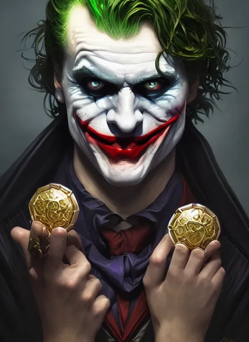 Image similar to the joker, d & d, fantasy, intricate, elegant, highly detailed, digital painting, artstation, concept art, matte, sharp focus, illustration, hearthstone, art by artgerm and greg rutkowski and alphonse mucha