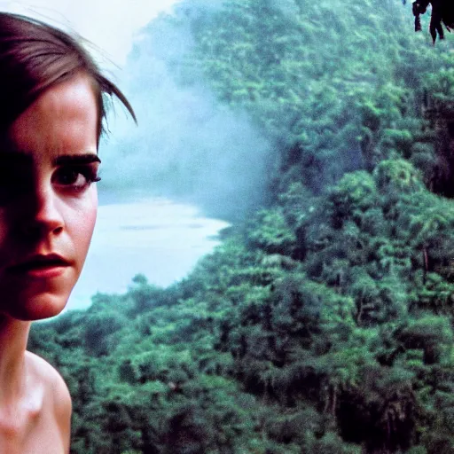 Prompt: film still, extreme far view, emma watson, jungle, vietnam door gunner, apocalypse now, associated press, 2 6 mm, kodak ektachrome, blue tint expired film, by annie leibovitz