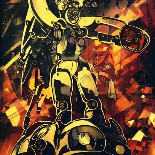 Image similar to the fullmetal neon friendly robot orion crosses the infinite boundary between reality and simulation, game poster by dave mckean, ivan shishkin, james jean and yoji shinkawa