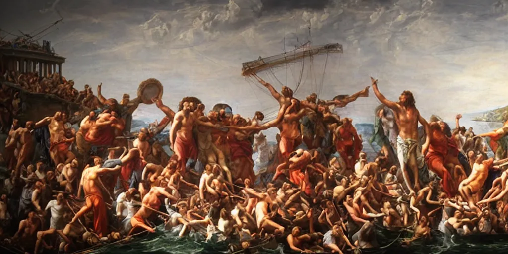 Image similar to a mix between the raft of the medusa and the school of athens, matte painting, oil canvas, photorealistic illustration, extreme detail, hyper realistic, highly detailed