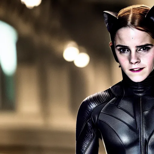 Image similar to Emma Watson as Catwoman, XF IQ4, f/1.4, ISO 200, 1/160s, UHD, detailed, Sense of Depth, Depth Layering, AI enhanced, HDR, in-frame