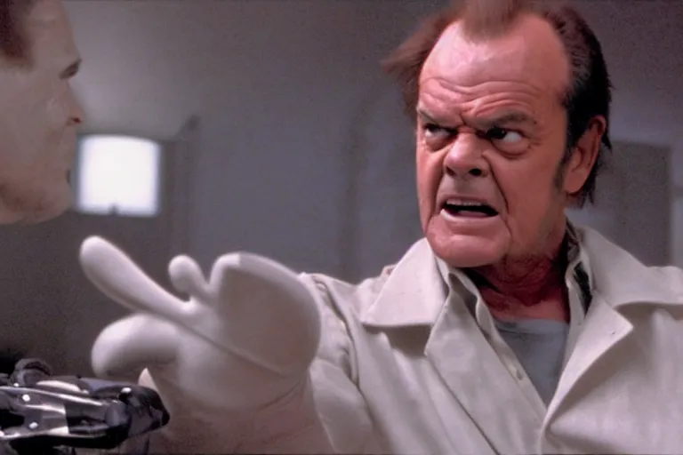 Image similar to Jack Nicholson plays Pikachu Terminator scene where his inner exoskeleton is visible and his eye glows red, still from the film