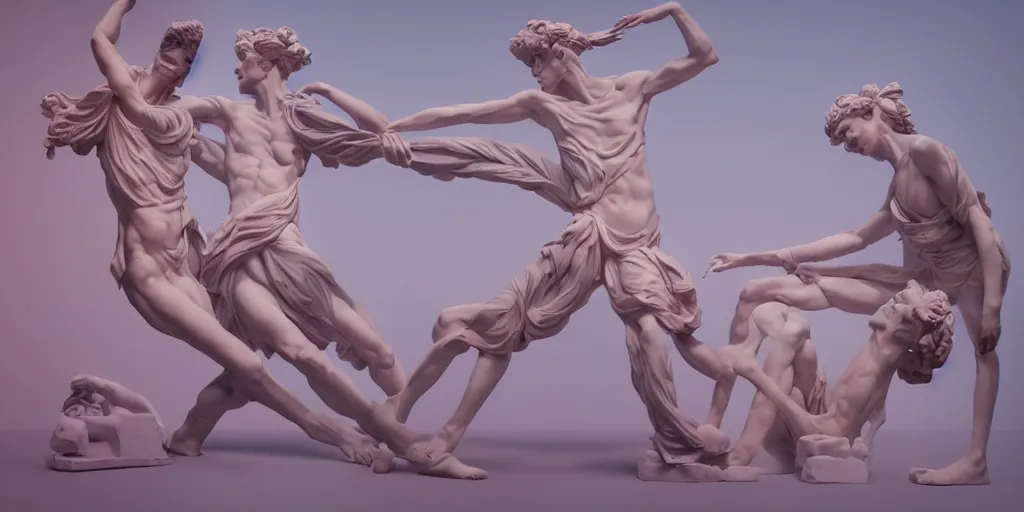 Prompt: greek sculpture of intertwined bodies painted in pastel colors. artwork by James Jean and Tooth Wu and wlop and beeple and greg rutkowski and nekroxiii. octane render, cinematic, hyper realism, redshift render, 8k, depth of field, iridescent accents