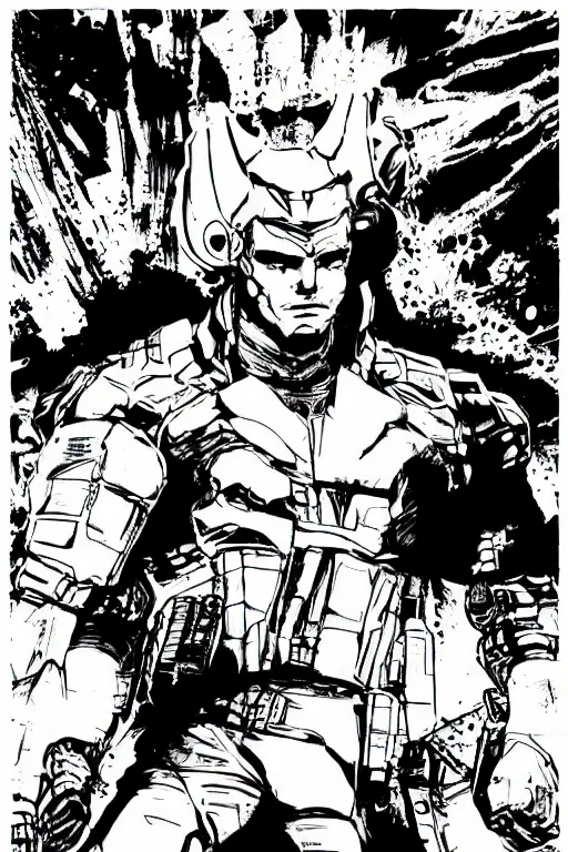 Image similar to senator amstrong from metal gear rising, doing a heroic pose, a page from cyberpunk 2 0 2 0, style of paolo parente, style of mike jackson, adam smasher, johnny silverhand, 1 9 9 0 s comic book style, white background, ink drawing, black and white