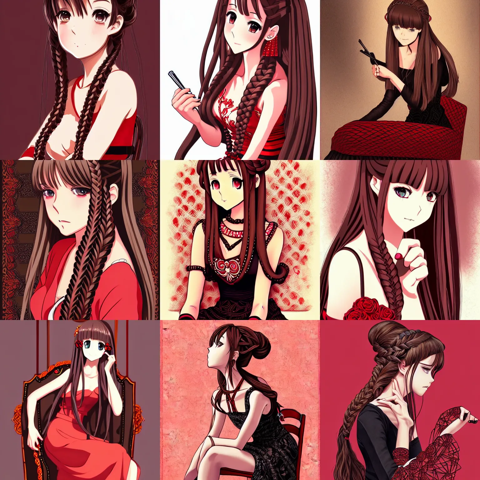 Prompt: beautiful woman with braided brown hair, wearing an elegant dress, sitting in a chair, highly detailed, painting, red and black color palette, intricate, high quality anime artstyle