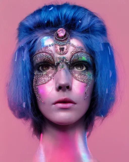 Image similar to natural light, soft focus portrait of a android with soft synthetic pink skin, blue bioluminescent plastics, smooth shiny metal, elaborate diamond ornate head piece, piercings, face tattoo, skin textures, by annie liebovotz, paul lehr,