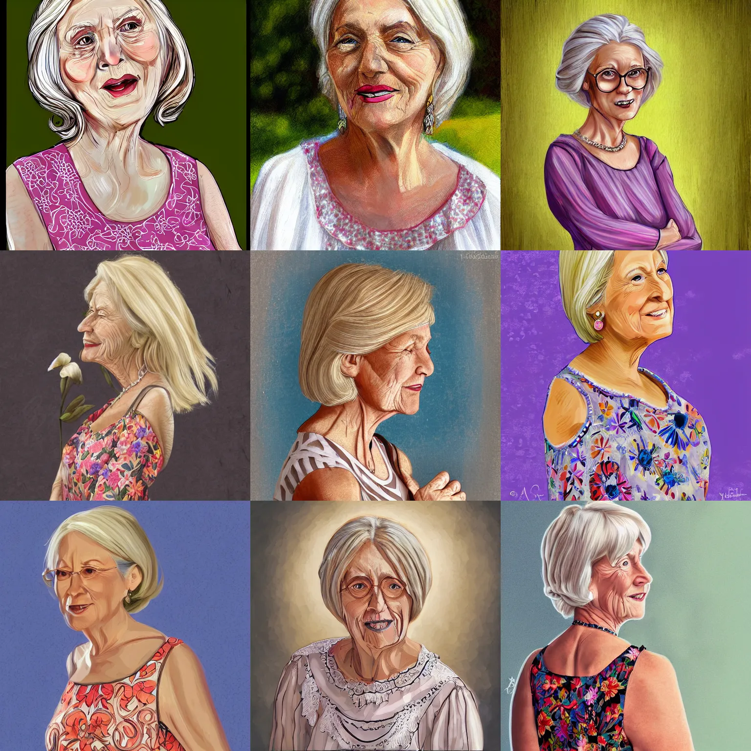 Prompt: older woman wearing a summer dress, light blonde shoulder-length hair, digital art, digital painting, ornate