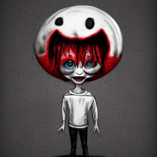 Prompt: surrealism grunge cartoon portrait sketch of billie eilish the mushroom man with a wide smile and a red balloon by - michael karcz, loony toons style, pennywise style, horror theme, detailed, elegant, intricate