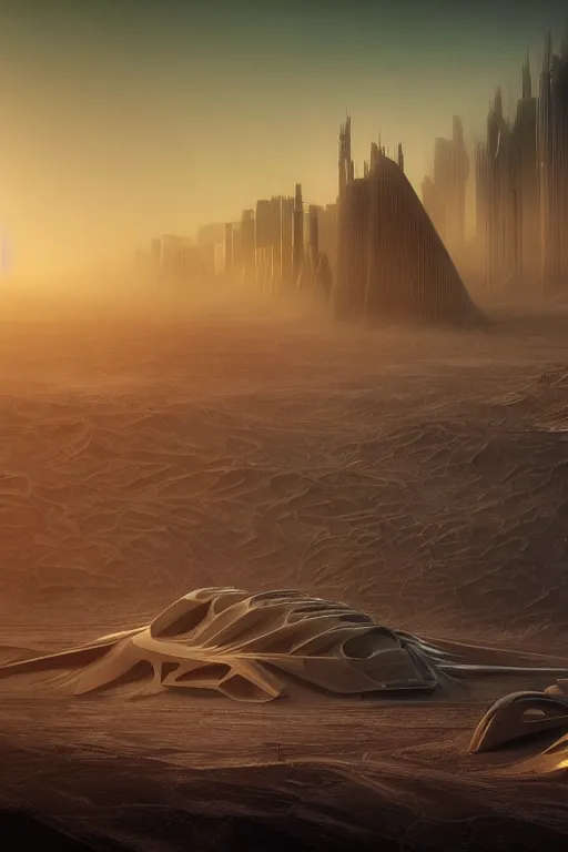 Image similar to sci - fi desert scene in bladerunner with zaha hadid buildings, beksinski, photoreal, highly detailed, 8 k, hd, vray, artstation, trending on behance, cinematic matte painting, extreme detail photo quality, sunrays, sunset, featured on behance