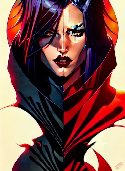 Image similar to artgerm, joshua middleton comic cover art, full body pretty megan fox vampire sharp teeth, red dress, symmetrical eyes, symmetrical face, long curly black hair, dark castle background background, cinematic lighting