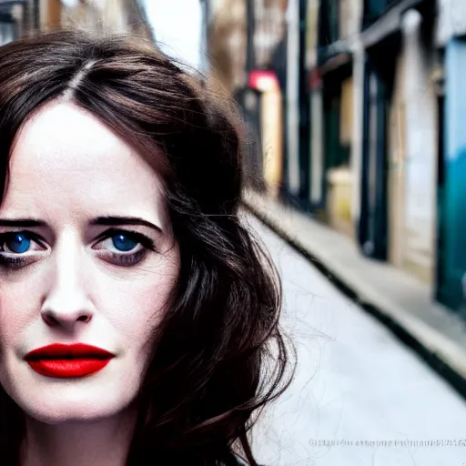 Image similar to closeup portrait of eva green in a winter london street, photograph, natural light, sharp, detailed face, magazine, press, photo, Steve McCurry, David Lazar, Canon, Nikon, focus