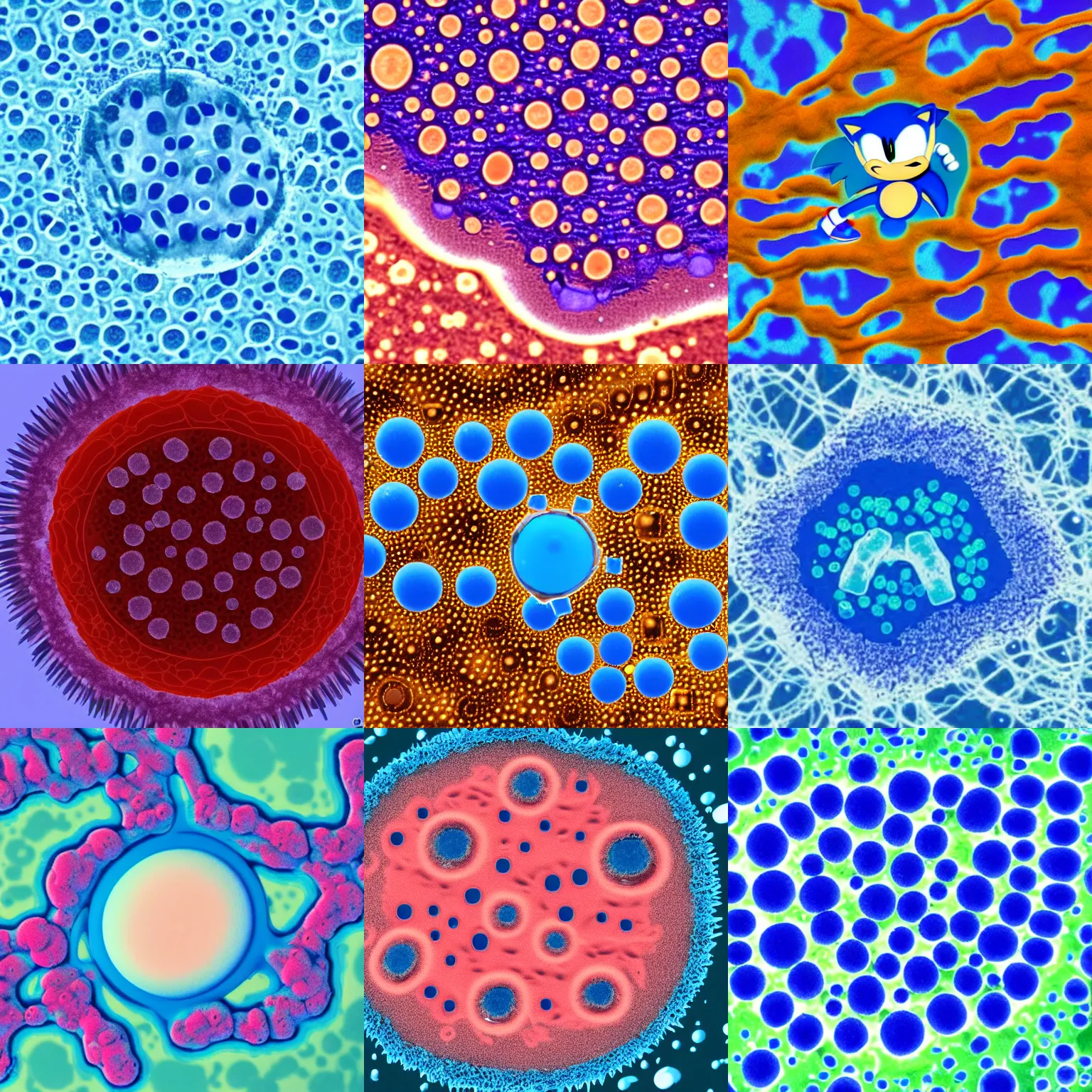 Prompt: sonic!!!!!!!!!!!! the hedgehog shaped bacteria, microscope bacterial photography