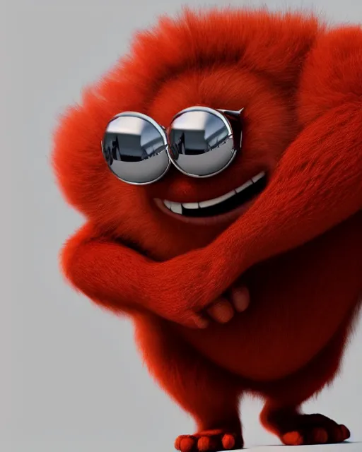 Prompt: 3 d render of completely red hairy friendly antropomorphic robust creature wearing chrome shades, without nose, full body, in the style of pixar, white background, unreal engine 5, octane render, highly detailed hdr