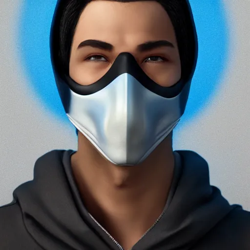 Image similar to a highly detailed, portrait of a man with black hair with a black medical mask, in a hood in the form of a blue shark with white teeth, artstation, DeviantArt, epic, professional, octane render, digital art