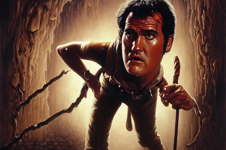 Image similar to portrait of young bruce campbell from evil dead as indiana jones in the temple of doom ( 1 9 8 4 ). oil painting elegant, highly detailed, centered, digital painting, artstation, concept art, smooth, sharp focus, illustration, artgerm, tomasz alen kopera, peter mohrbacher, donato giancola, joseph christian leyendecker drew struzan