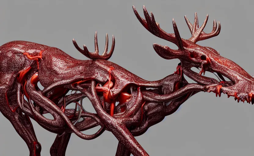 Image similar to stylized shiny polished silver statue full body bizarre extra limbs cosmic horror quadruped animal moose deer skull four legs made of marble of slug worm creature tendrils perfect symmetrical body perfect symmetrical face hyper realistic hyper detailed by johannen voss by michelangelo octane render blender 8 k displayed in pure white studio room anatomical deep red arteries veins flesh animatronic