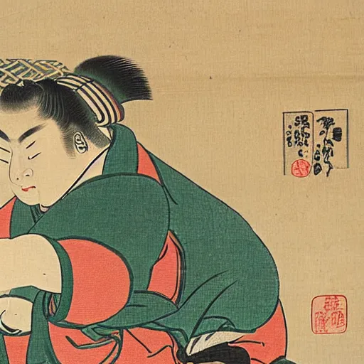 Image similar to edo period japanese print of a sumo wrestler using a computer