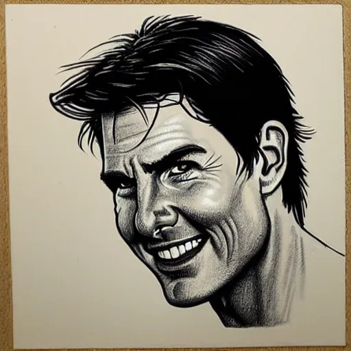 Image similar to a portrait drawing of Tom Cruise drawn by Robert Crumb