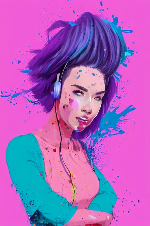 Prompt: a award winning half body portrait of a beautiful woman in a croptop and cargo pants with ombre purple pink teal hairstyle with head in motion and hair flying listenin to music on headphones by wlop, paint splashes and splatter, outrun, vaporware, shaded flat illustration, digital art, trending on artstation, highly detailed, fine detail, intricate