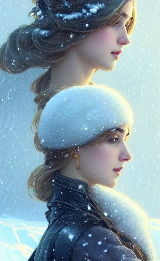 Image similar to rayan gosling, regal, elegant, winter, snow, beautiful, stunning, hd, illustration, epic, d & d, fantasy, intricate, elegant, highly detailed, wide angle, digital painting, artstation, concept art, smooth, sharp focus, illustration, wallpaper, art by artgerm and greg rutkowski and alphonse mucha and jin xiaodi