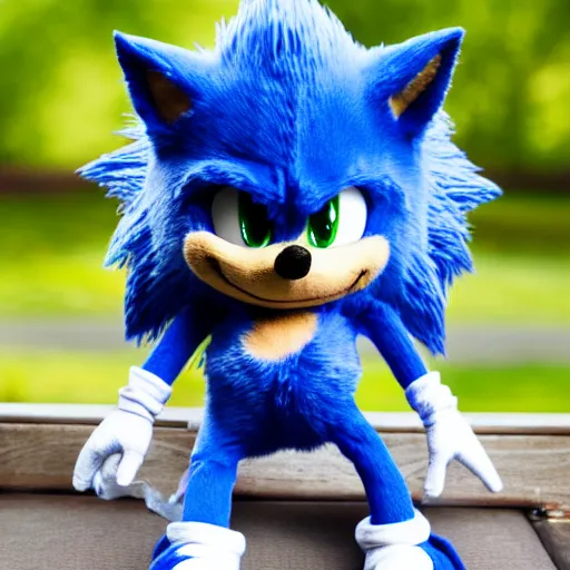 Prompt: Plush doll of Sonic the Hedgehog sitting in Vancouver during the morning, 8K, cute, looks soft, high quality, HD resolution