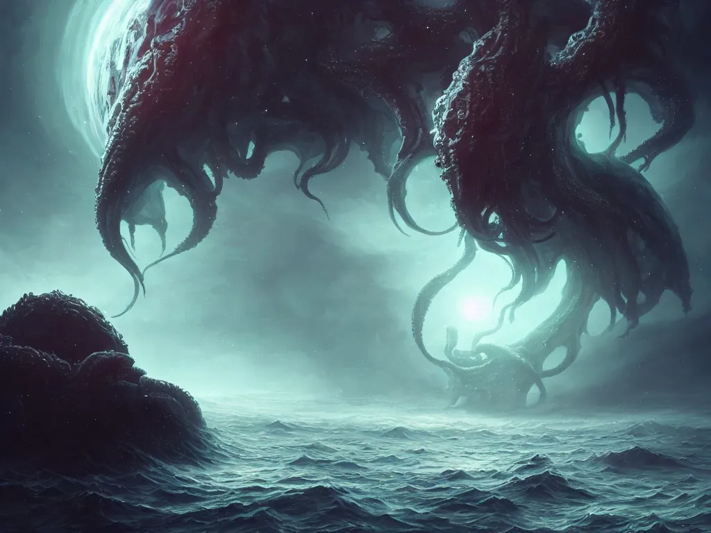 Image similar to A wide shot of an ancient lovecraftian elder god Cthulhu floating in space consuming a planet art by Maciej Kuciara and Jason Chan, ominous, cosmic horror, trending on artstation, Ultra detailed, hyper realistic 4k