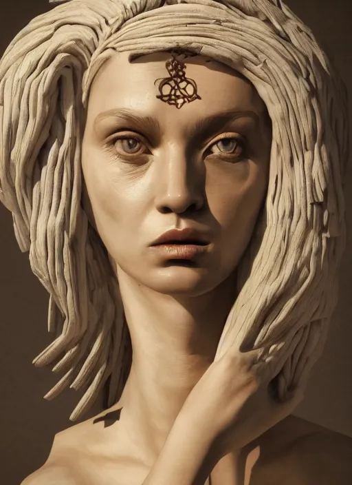 Image similar to sculpture made of wood, portrait, female, future, shaman, harper's bazaar, vogue, magazine, intricate, concept art, close up, ornate, luxury, elite, elegant, trending on artstation, by ruan jia, by Kenneth Willardt, by ross tran, by WLOP, by Andrei Riabovitchev,