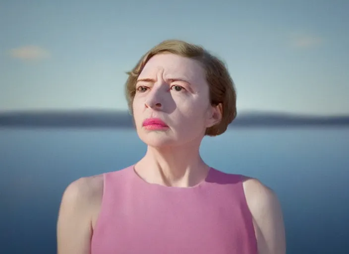 Image similar to cinematic mid shot of a high detail, refined woman's face looking off camera. fine facial features. she stands in an empty, pastel colourful 3 d, lake scene, shallow depth of field, floating in the sky, by jeffrey smart and gregory crewdson and edward hopper, inspired by the grand budapest hotel