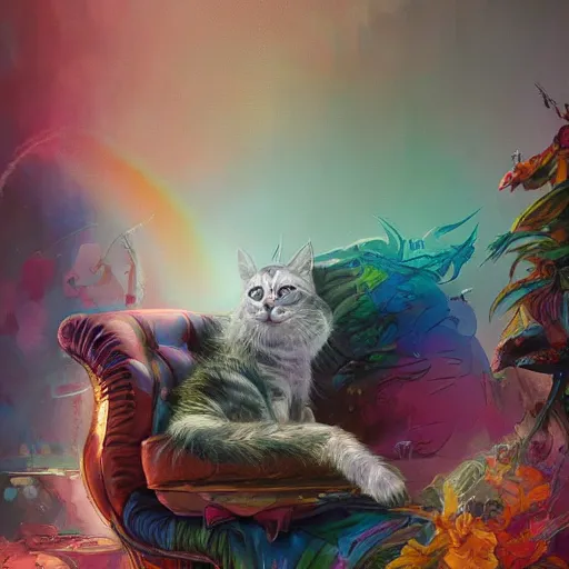 Prompt: The Rainbow cat enthroned , hyperrealism, no blur, 4k resolution, ultra detailed, style of Peter Mohrbacher, James Gurney, Ismail Inceoglu