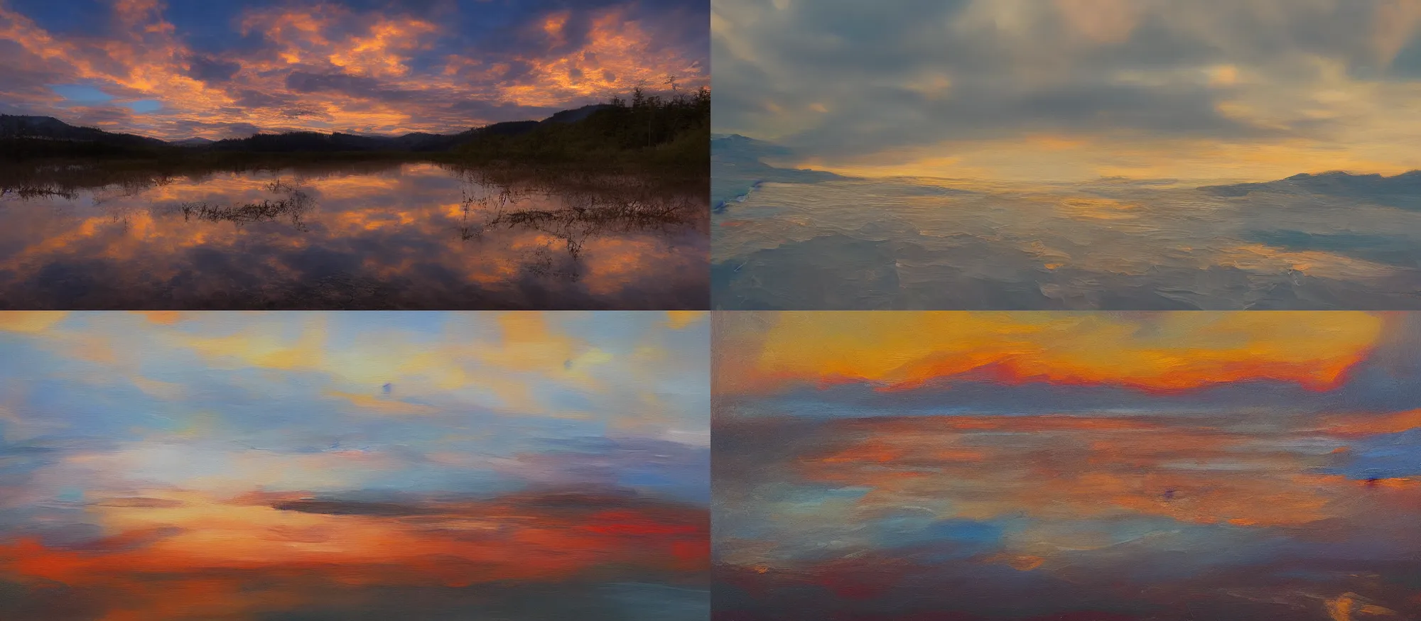 Prompt: oil paint abstraction mountain sunset over water, reflections, crepuscular rays, long exposure