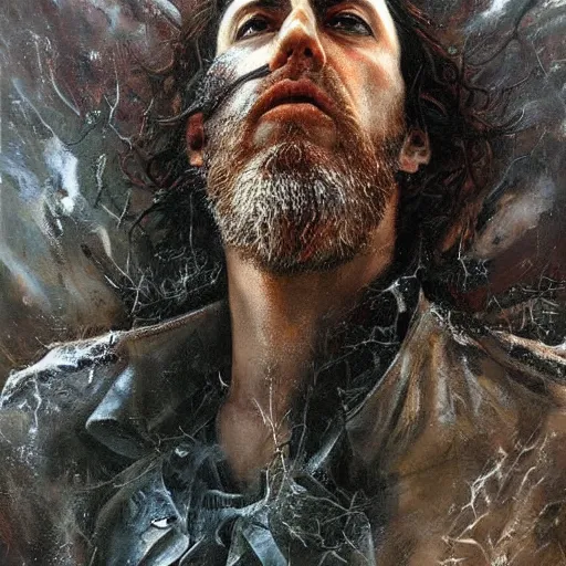 Image similar to a rugged man standing, ethereal, painting by karol bak