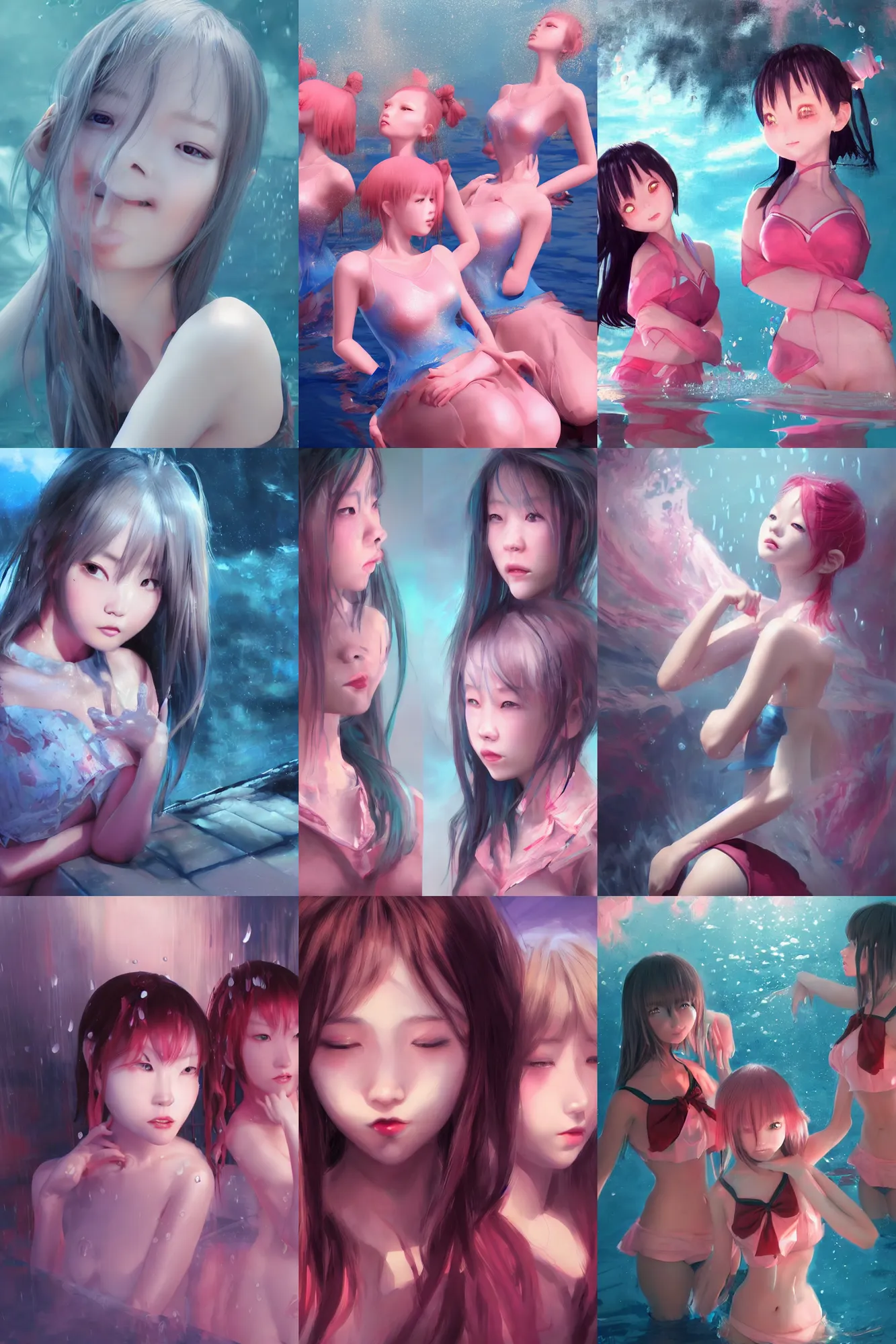 Prompt: 3d dark infrared octane render concept art by D. Jun, by Mo Xiang Tong Xiu, by Igarashi Daisuke, beauty portrait anime schoolgirls under dark pink and blue water. cute face. wet reflections. dramatic light, trending on artstation, oil painting brush