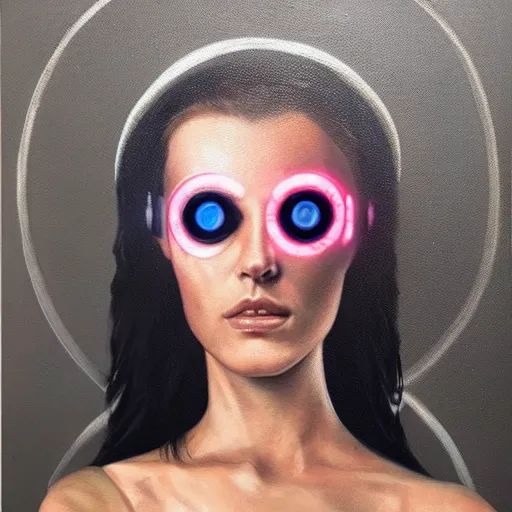 Image similar to hyperrealism oil painting portrait of cyberpunk cyborg fashion model with glowing eye