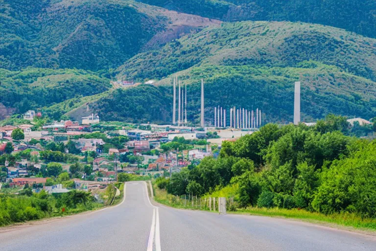 Image similar to looking down road, buildings on both sides. hills background with radio tower on top. telephoto lens compression.