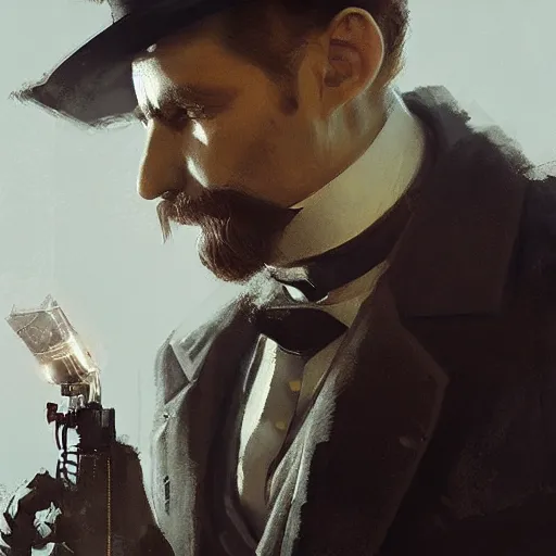 Prompt: a dapper victorian man with a glowing cybernetic device on his chest, sci fi character portrait by greg rutkowski, craig mullins