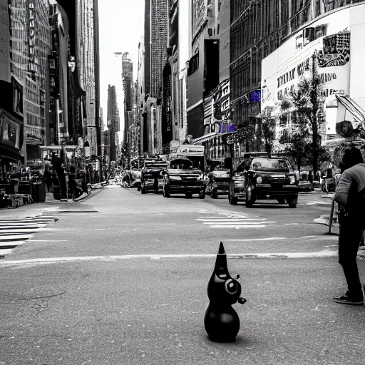 Prompt: black and white street photograph on a street in new york city on a busy day with a shattered ceramic garden gnome. 8k resolution.